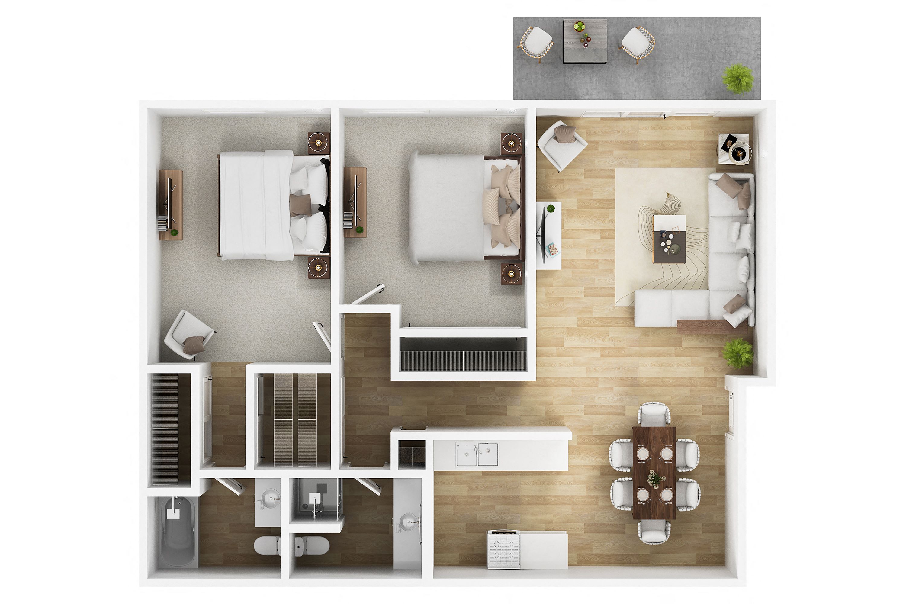 Floor plan for 2 beds, 2 baths, 1019 sqft
